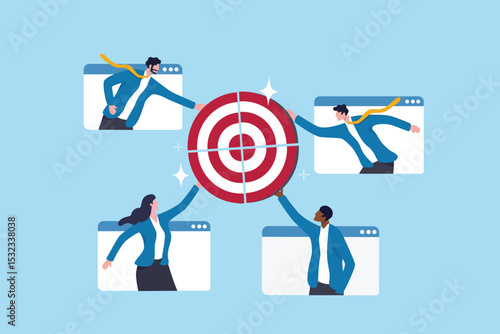 Meeting objective, agenda or company goal, target achievement planning strategy, teamwork colleagues working together on same target, business people coworker connecting target objective jigsaw.