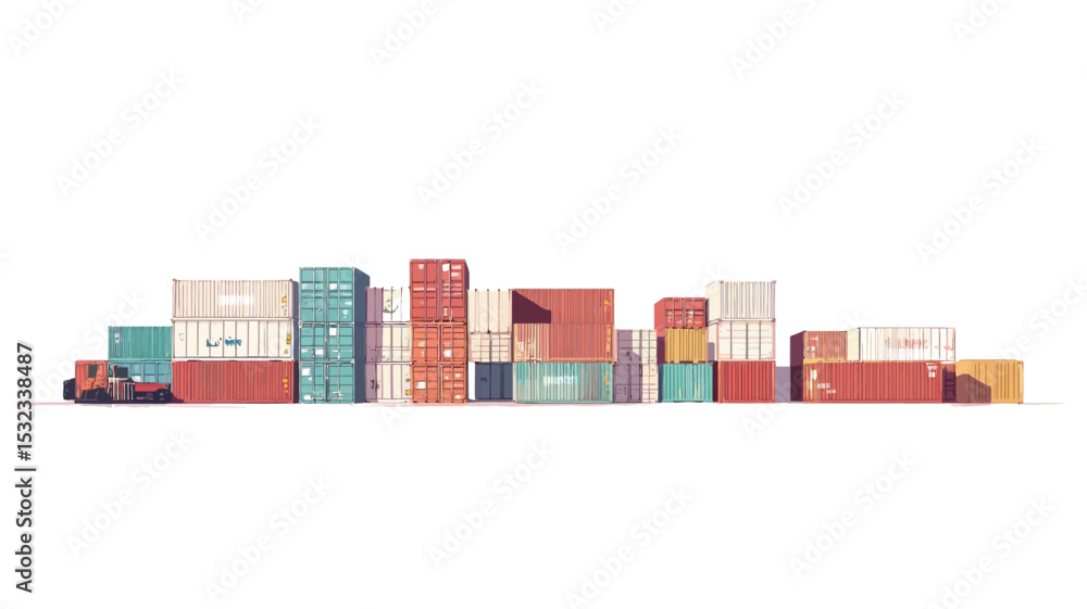 Obraz premium The image presents a digital illustration or rendering of numerous stacked cargo containers against a stark white background. The containers are depicted in a variety of pastel colors 