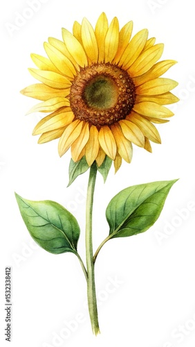 Beautiful watercolor painting of a sunflower with a long green stem and leaves