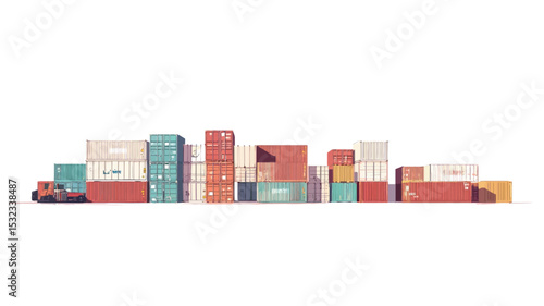 The image presents a digital illustration or rendering of numerous stacked cargo containers against a stark white background.  The containers are depicted in a variety of pastel colors 