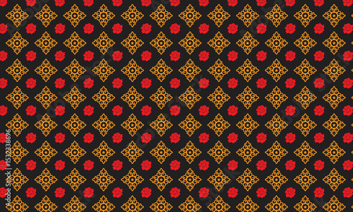 Red Rose and Golden Ornamental Motif Seamless Pattern on Black Background