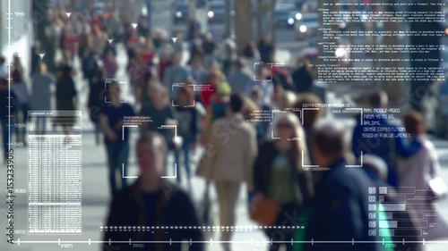 Blurred crowd of people walking on a city street with digital overlay, suggesting surveillance or data analysis.