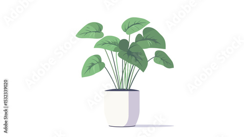 A digital illustration of a houseplant in a white pot, rendered in a flat design style. The plant features several heart-shaped, vibrant green leaves radiating from central stems. 