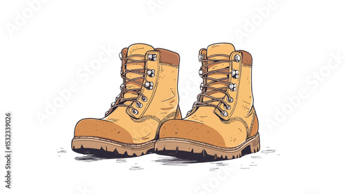 The image is a digital illustration depicting a pair of yellow work boots.  The style is hand-drawn, with visible linework and texture suggesting a vintage or retro aesthetic
