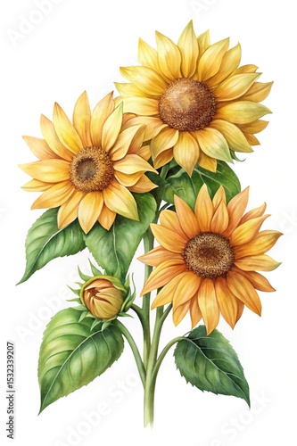 Watercolor Painting Featuring a Trio of Sunflowers in Varying Stages of Bloom
