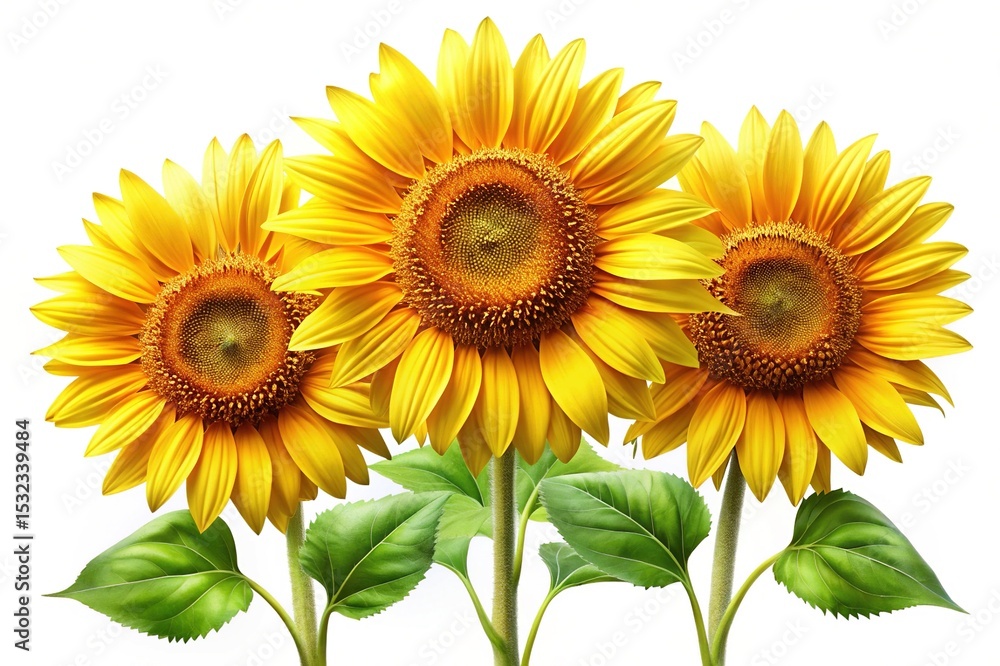 Obraz premium Three vibrant sunflowers in full bloom against a stark white background
