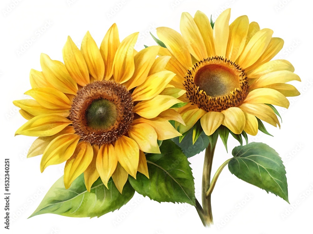 Naklejka premium Two radiant sunflowers with vibrant petals and lush green leaves, a watercolor painting