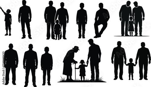 Dads, Grandfathers, and Children Standing Together Vector,Dad, Grandfather, and Child Silhouette Bundle,Fathers day silhouette bundle set
