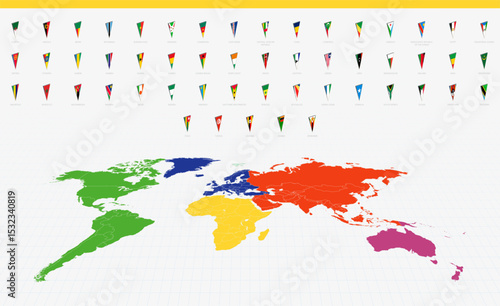 Pennant Flags of African Countries on a Colorful World Map. A vibrant collection of triangular pennant flags