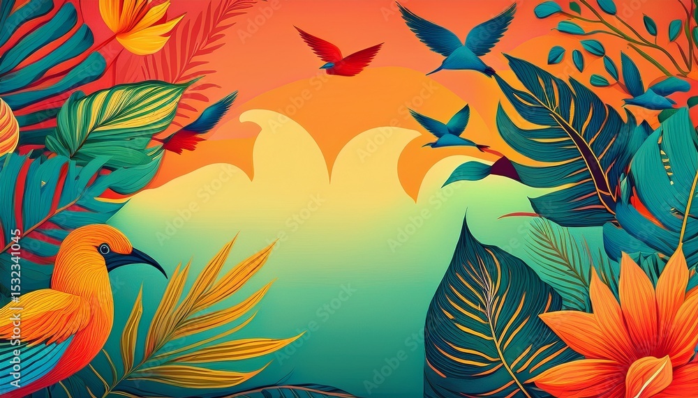 Fototapeta premium colorful summer backgrounds with tropical leaves and birds bright modern illustration with color gradient