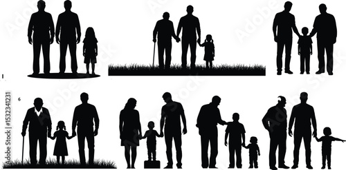 Dad and Grandfather with Children Walking Vector Set,Celebrating Fatherhood Across Different Ages,Fathers day silhouette bundle set

