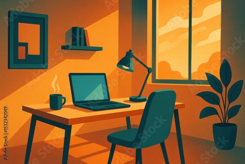 Colorful illustration of cozy home office workspace
