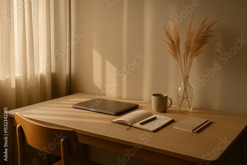 Warm minimalist workspace with closed laptop and notebook
