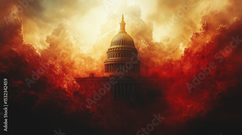 Capitol Building surrounded by fiery clouds