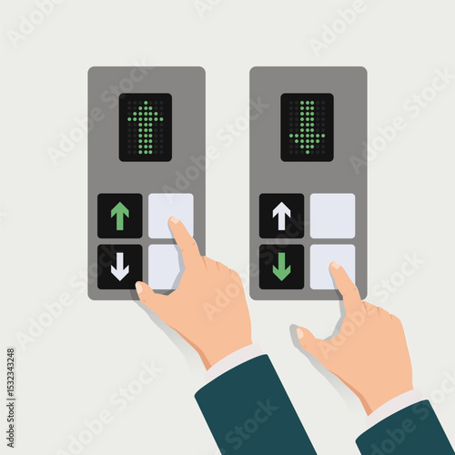 Hand pressing up and down elevator button graphic design illustration