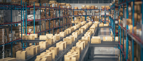 Quadro su tela Cardboard boxes are moving on automated conveyor belt in distribution warehouse