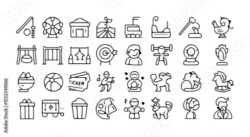 A collection of carnival themed outline icons arranged in rows depicting various fairground elements