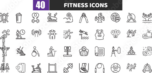 Fitness Icons Set, Gym, Workout, Exercise, Health Line Vector Pack