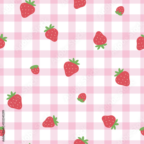 Cute gingham seamless pattern. Vector iilustration. Strawberry on pink background. Texture for print, textile, fabric.