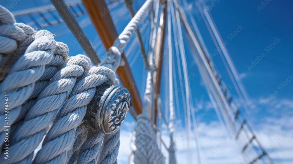Obraz premium Rope and rigging elements adorn the mast of a sailing ship under a bright blue sky. The strong sunlight highlights the textures and shapes of the nautical gear
