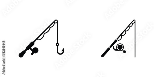 Black Silhouette of Fishing Rod with Hook and Two Views on White Background