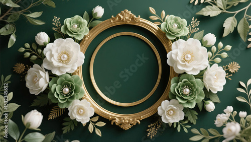 Elegance of Green and White Flowers with Golden Frame