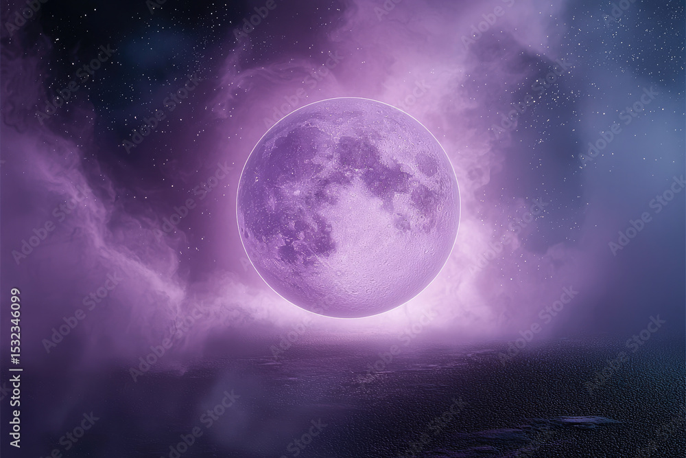 Fototapeta premium Glowing purple moon cosmic sky galaxy ethereal dreamy night fantasy surreal mystical space