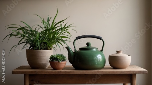 Wallpaper Mural Serene home scene with indoor plants, clay teapot, and linen. Emphasizes slow living, sustainability, and natural decor. Torontodigital.ca