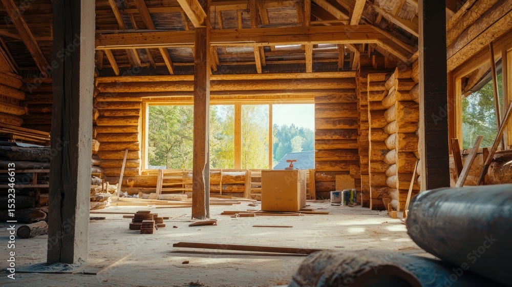 Fototapeta premium Rustic Cabin Under Construction: Beams, Logs, and Sunlight