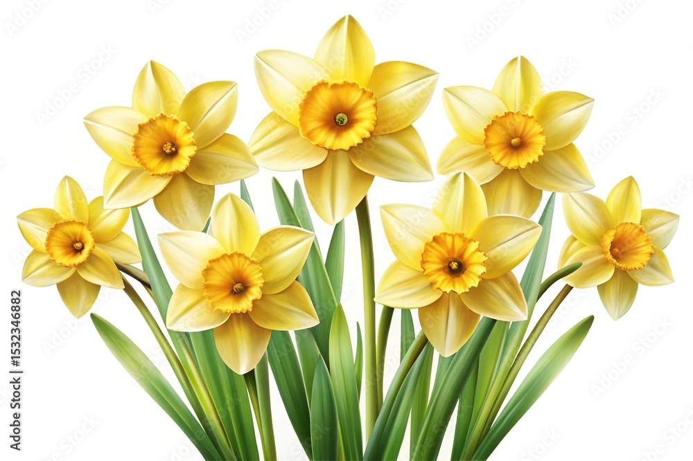 Fototapeta premium Beautiful Spring Daffodils in Full Bloom with Vibrant Yellow Petals and Greenery