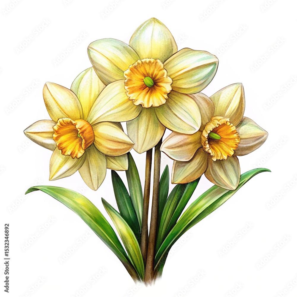 Fototapeta premium Elegant Watercolor Painting of Three Daffodils with Green Leaves on White Background