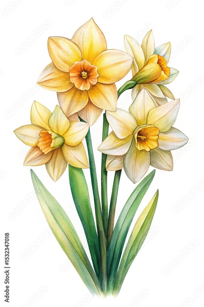 Fototapeta premium Elegant Watercolor Painting of Yellow Daffodils with Green Leaves on White Background