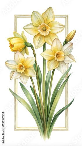 Wallpaper Mural Watercolor daffodils in a frame represent spring, freshness and new beginnings, great for greeting cards Torontodigital.ca