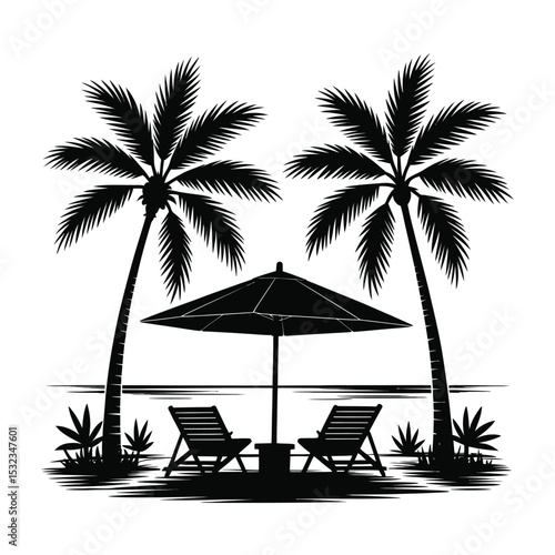 Tropical beach scene with palm trees and lounge chairs