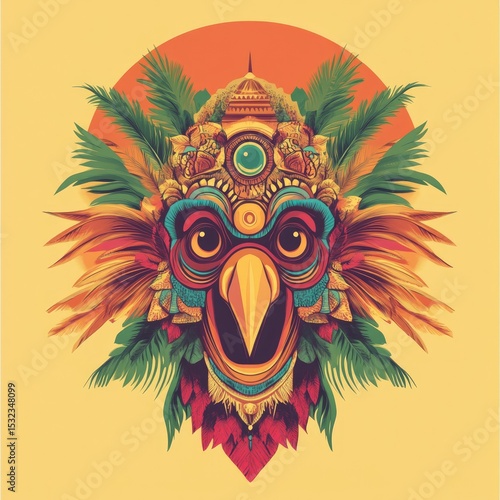 A vibrant, stylized bird mask, adorned with ornate details and tropical foliage, set against a warm backdrop