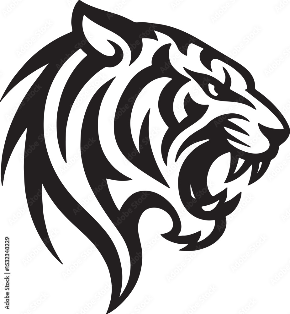 Fototapeta premium Tiger Head Silhouette: Bold, Fierce & Dynamic Wildlife Illustration