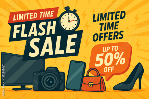Flash Sale Extravaganza. Flash sale banner. Vector illustration of limited time offers, countdown timer, and high discounts on