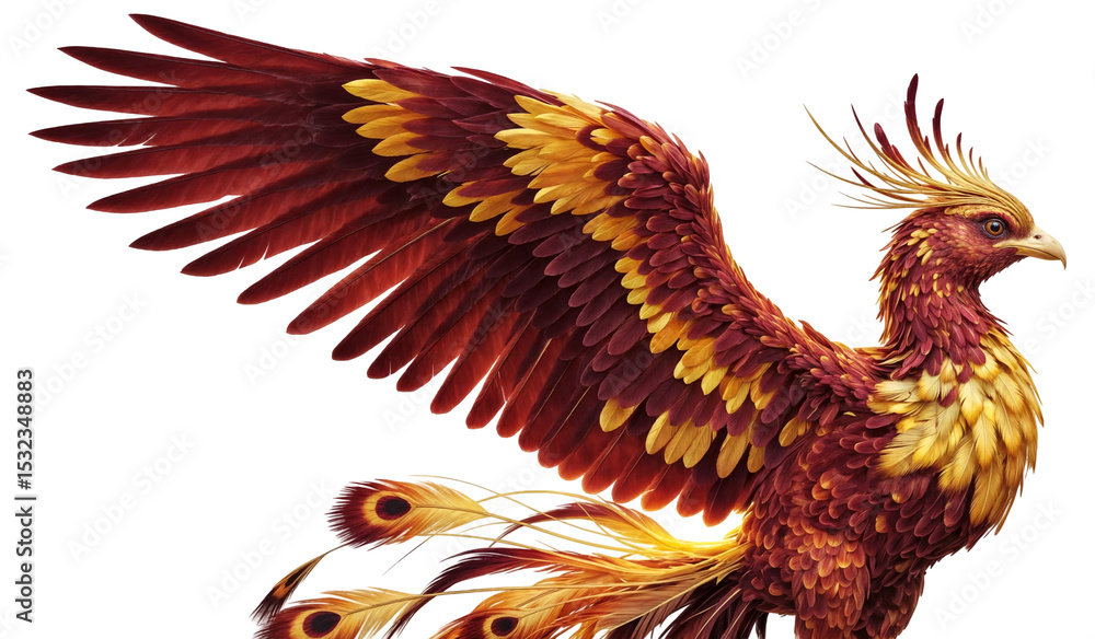 Fototapeta premium Majestic Phoenix bird with vibrant red and gold fiery feathers in side view