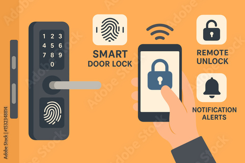 Smart Biometric Door Lock. Vector illustration of smart door lock system with biometric access, remote unlock feature, and
