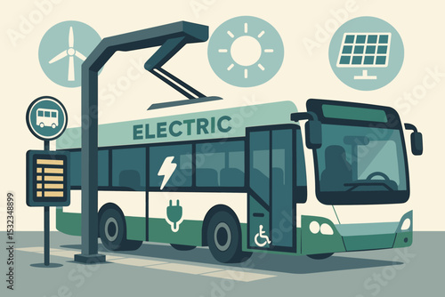Electric Bus Charging. Vector illustration of electric bus at a charging station with renewable energy icons, timetable display,