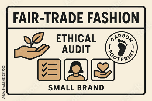 Ethical Fashion Branding. Vector illustration of fair-trade fashion label with ethical audit icons, carbon footprint badge, and