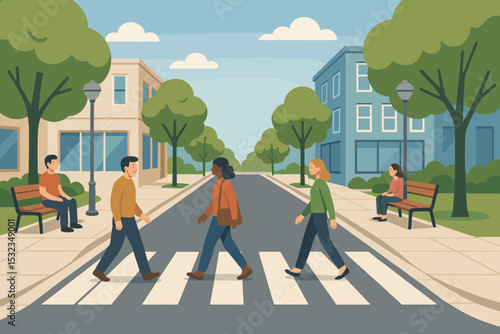 Pedestrian-Friendly Cityscape. Vector illustration of pedestrian-friendly city block with wide sidewalks, shaded crossings, curb