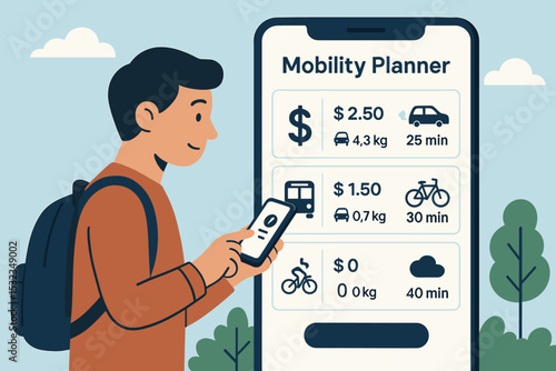 Commuter Transit Choices. Vector illustration of commuter choosing transit options by cost, emissions, and travel time in mobility