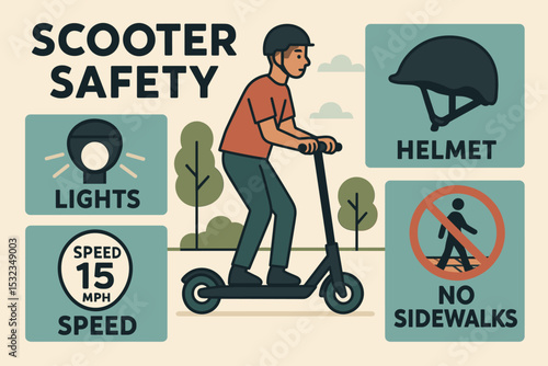 Scooter Safety Guidelines. Vector illustration of scooter safety infographic with helmet, lights, speed rules, and sidewalk
