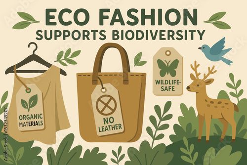 Eco-Friendly Fashion Choices. Illustration of eco fashion choices supporting biodiversity: organic materials, “no leather” tag,