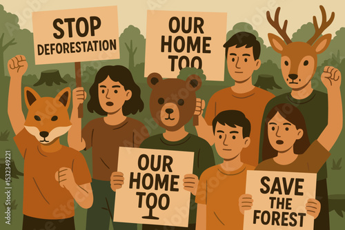 Youth Deforestation Protest. Vector illustration of deforestation protest with youth, signs, forest animal masks, and “our home