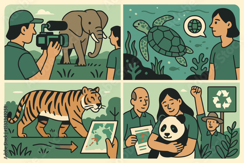 Endangered Journeys Illustrated. Vector illustration of eco-documentary storyboard featuring endangered animal journeys and