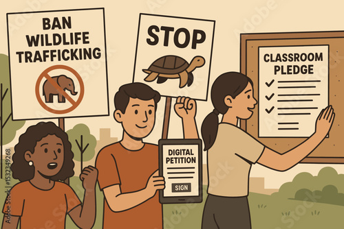 Youth vs. Wildlife Trafficking. Vector illustration of youth-led campaign to ban wildlife trafficking, with protest signs, digital