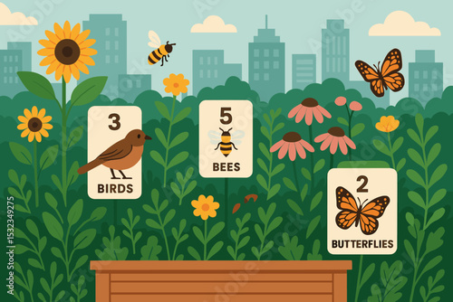Urban Garden with Wildlife. Vector illustration of urban garden attracting birds, bees, and butterflies with species count markers