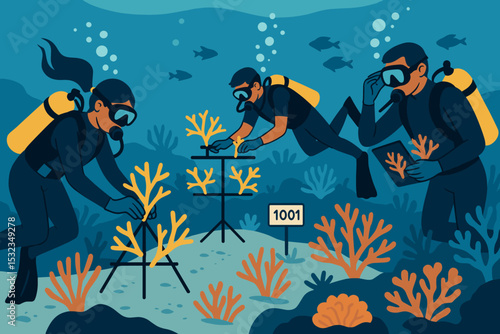 Coral Reef Restoration. Vector illustration of coral reef restoration showing divers planting coral, tagging sections, and